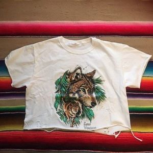 Vintage, Distressed, Raw Edged Brown Wolf Crop top